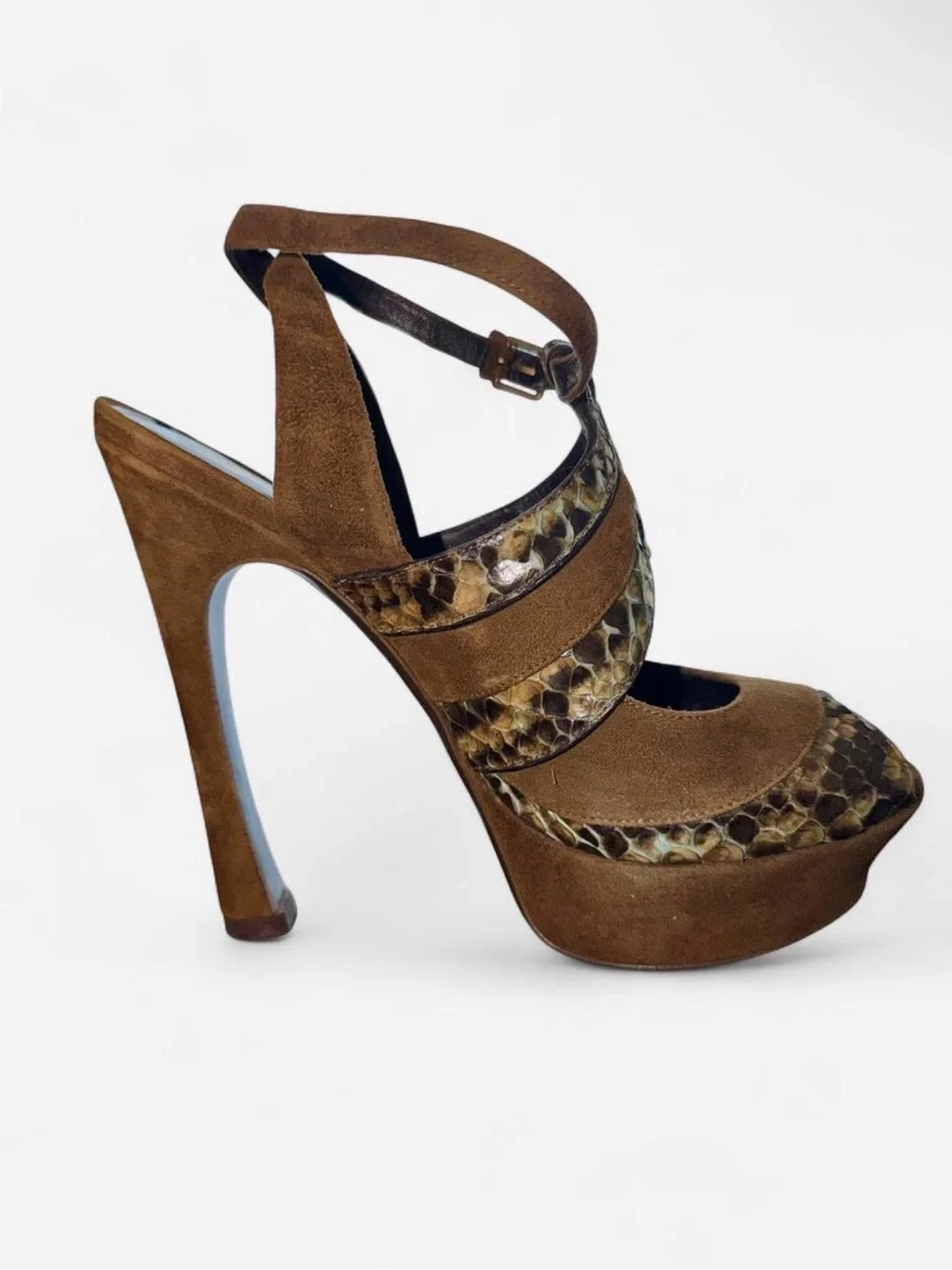 Yves Saint Laurent Brown Suede & Python-Print Slingback Heels